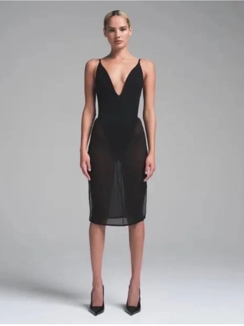 Skims Black Sheer-Panel V-Neck Midi Dress